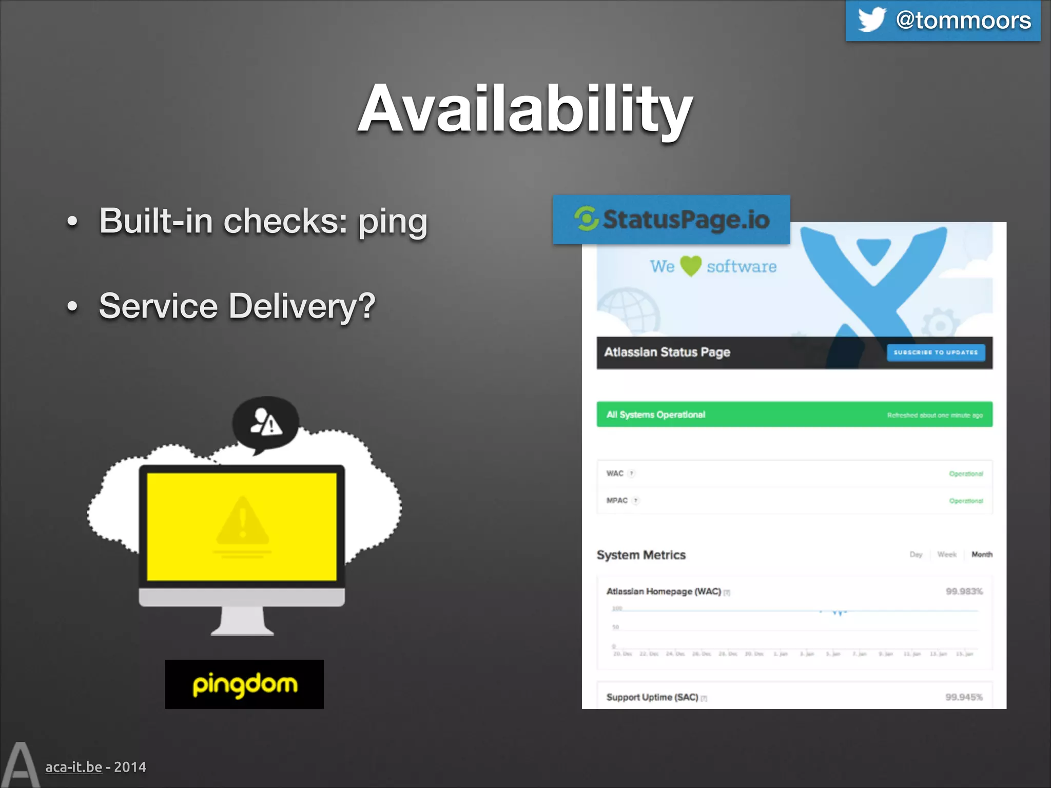 @tommoors

Availability
•

Built-in checks: ping

•

Service Delivery?

aca-it.be - 2014

 