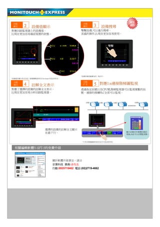 簡単         功能
                                                                               簡單
 功能
 擴充      2     設備值顯示                    操作         擴充     3      設備搜尋          操作

對應回路監視器上的設備值。                                    雙擊設備,可以進行搜尋。
比現在更加容易確認裝置的狀態。                                  直感的操作,比現在更加容易使用。



                                                                      雙擊




                                                 *設備的檢索範圍為同一程式中。
*設備值的顯示形式為在三菱電機製造的GX Developer中設定的形式。

 功能                                               功能
 擴充      4     註解全文表示                             扩充      5 對應1:n連接階梯圖監視
對應了選擇的設備的註解全文表示。                                 透過指定站號以及CPU號,階梯監視器可以監視複數的站
比現在更加容易分析回路監視器。                                  號。連接的接續PLC全部可以監視。


                                                    站號1         站號2    站號3       站號n




                         選擇的設備的註解全文顯示
                                                                             顯示站號/CPU號機切換的
                         在最下行。                                               視窗,由此可以改變監視點。



                                                  *只有在階梯圖資料保存在CF卡設定時有效。


  有關編輯軟體V-SFT-5的免費升級


                               關於軟體升級事宜，請洽
                               京業科技 業務:余先生
                               行動:0935719462 電話:(02)2719-4662
 