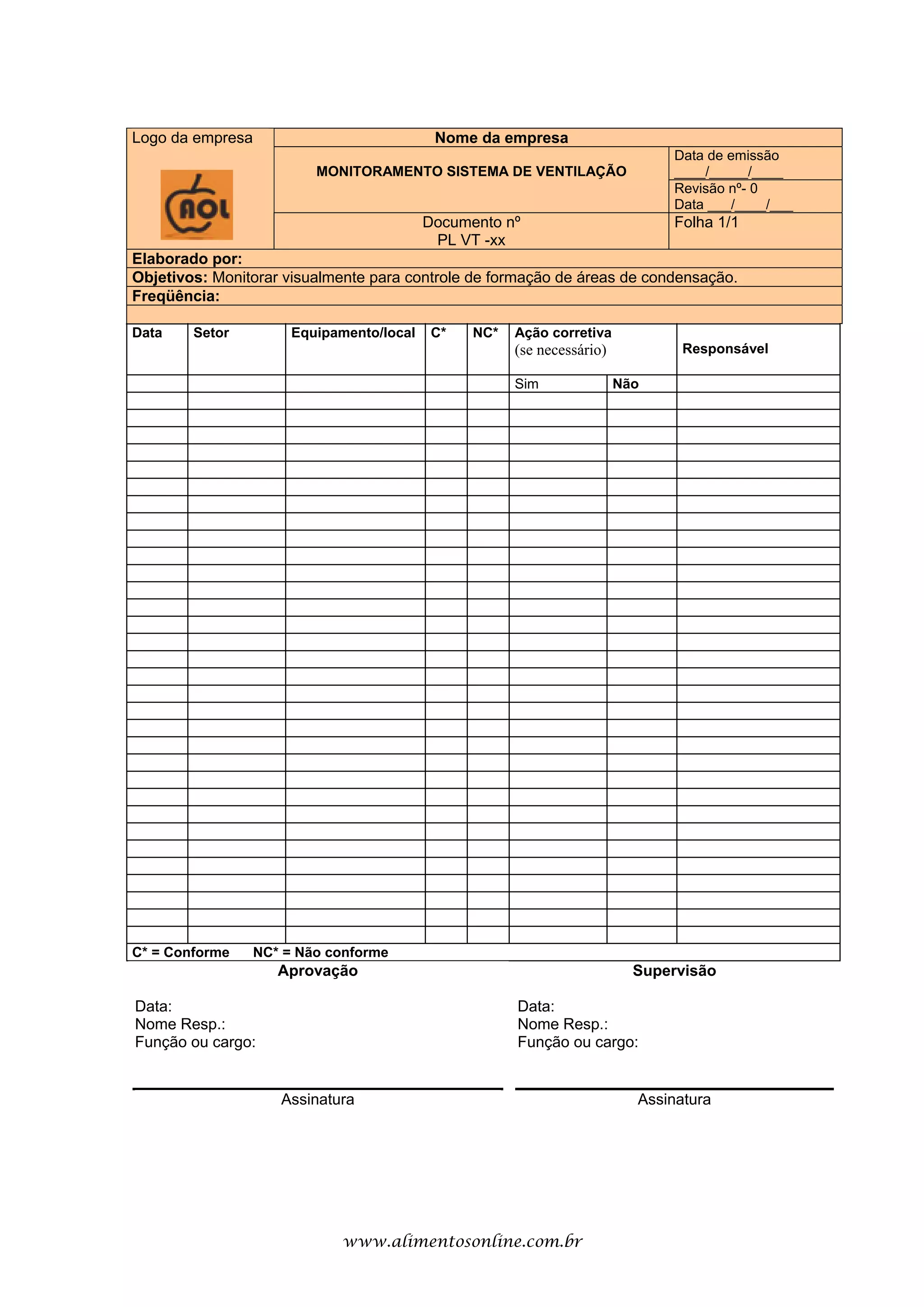 www.alimentosonline.com.br
Nome da empresa
Data de emissão
____/_____/____MONITORAMENTO SISTEMA DE VENTILAÇÃO
Revisão nº- 0
Data ___/____/___
Logo da empresa
Documento nº
PL VT -xx
Folha 1/1
Elaborado por:
Objetivos: Monitorar visualmente para controle de formação de áreas de condensação.
Freqüência:
Data Setor Equipamento/local C* NC* Ação corretiva
(se necessário) Responsável
Sim Não
C* = Conforme NC* = Não conforme
Aprovação
Data:
Nome Resp.:
Função ou cargo:
Assinatura
Supervisão
Data:
Nome Resp.:
Função ou cargo:
Assinatura