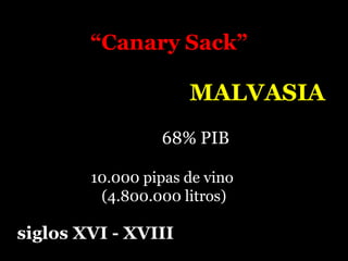 “Canary Sack”

                     MALVASIA
                 68% PIB

        10.000 pipas de vino
         (4.800.000 litros)

siglos XVI - XVIII
 