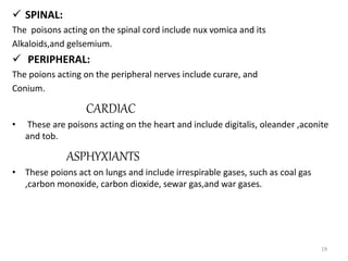  SPINAL:
The poisons acting on the spinal cord include nux vomica and its
Alkaloids,and gelsemium.
 PERIPHERAL:
The poions acting on the peripheral nerves include curare, and
Conium.
CARDIAC
• These are poisons acting on the heart and include digitalis, oleander ,aconite
and tob.
ASPHYXIANTS
• These poions act on lungs and include irrespirable gases, such as coal gas
,carbon monoxide, carbon dioxide, sewar gas,and war gases.
19
 