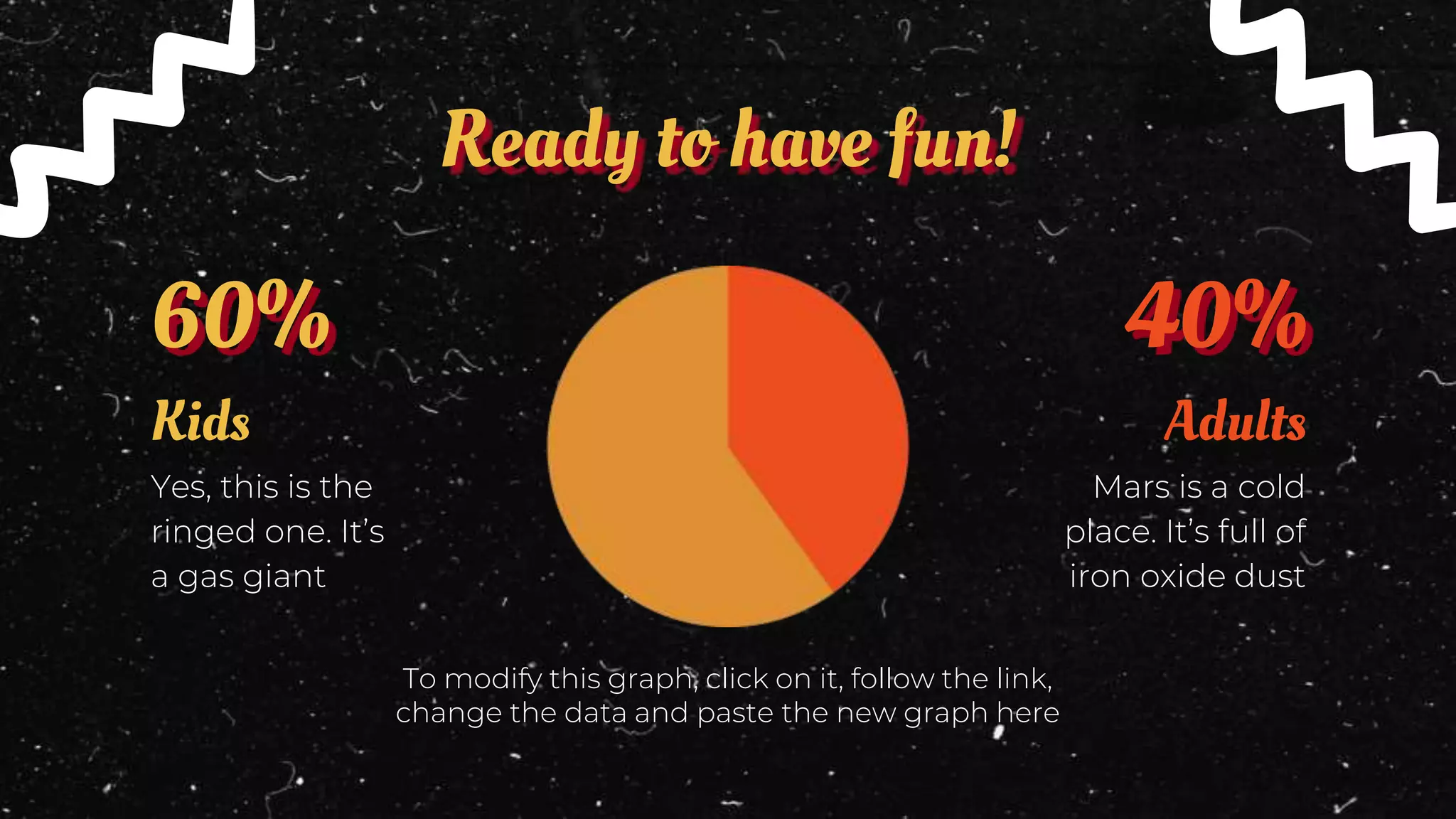 Ready to have fun!
Yes, this is the
ringed one. It’s
a gas giant
Kids
60%
Mars is a cold
place. It’s full of
iron oxide dust
Adults
40%
To modify this graph, click on it, follow the link,
change the data and paste the new graph here
 