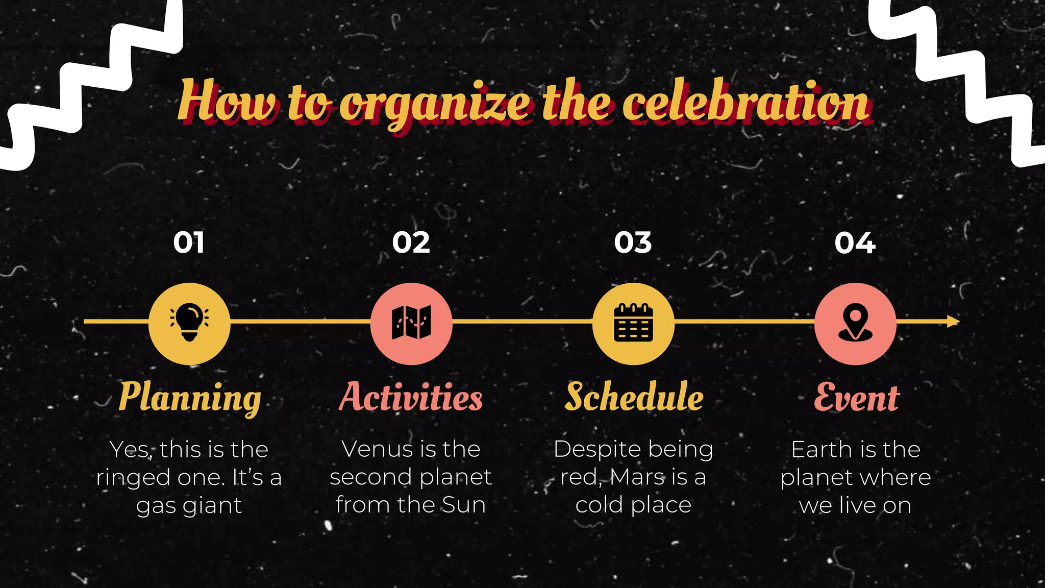 How to organize the celebration
Planning
Yes, this is the
ringed one. It’s a
gas giant
Event
Earth is the
planet where
we live on
Activities
Venus is the
second planet
from the Sun
Schedule
Despite being
red, Mars is a
cold place
01 04
02 03
 
