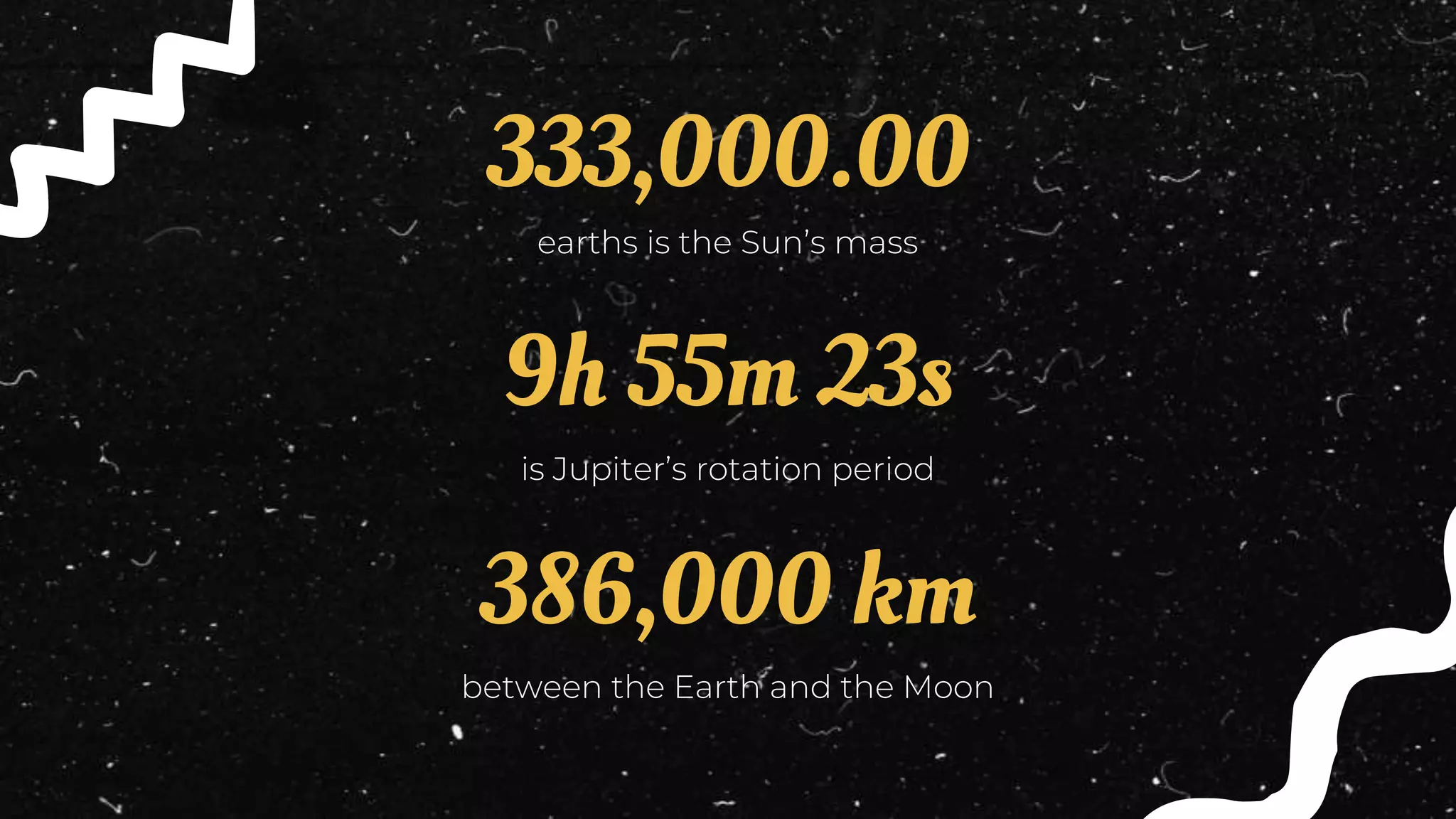 333,000.00
earths is the Sun’s mass
9h 55m 23s
is Jupiter’s rotation period
386,000 km
between the Earth and the Moon
 