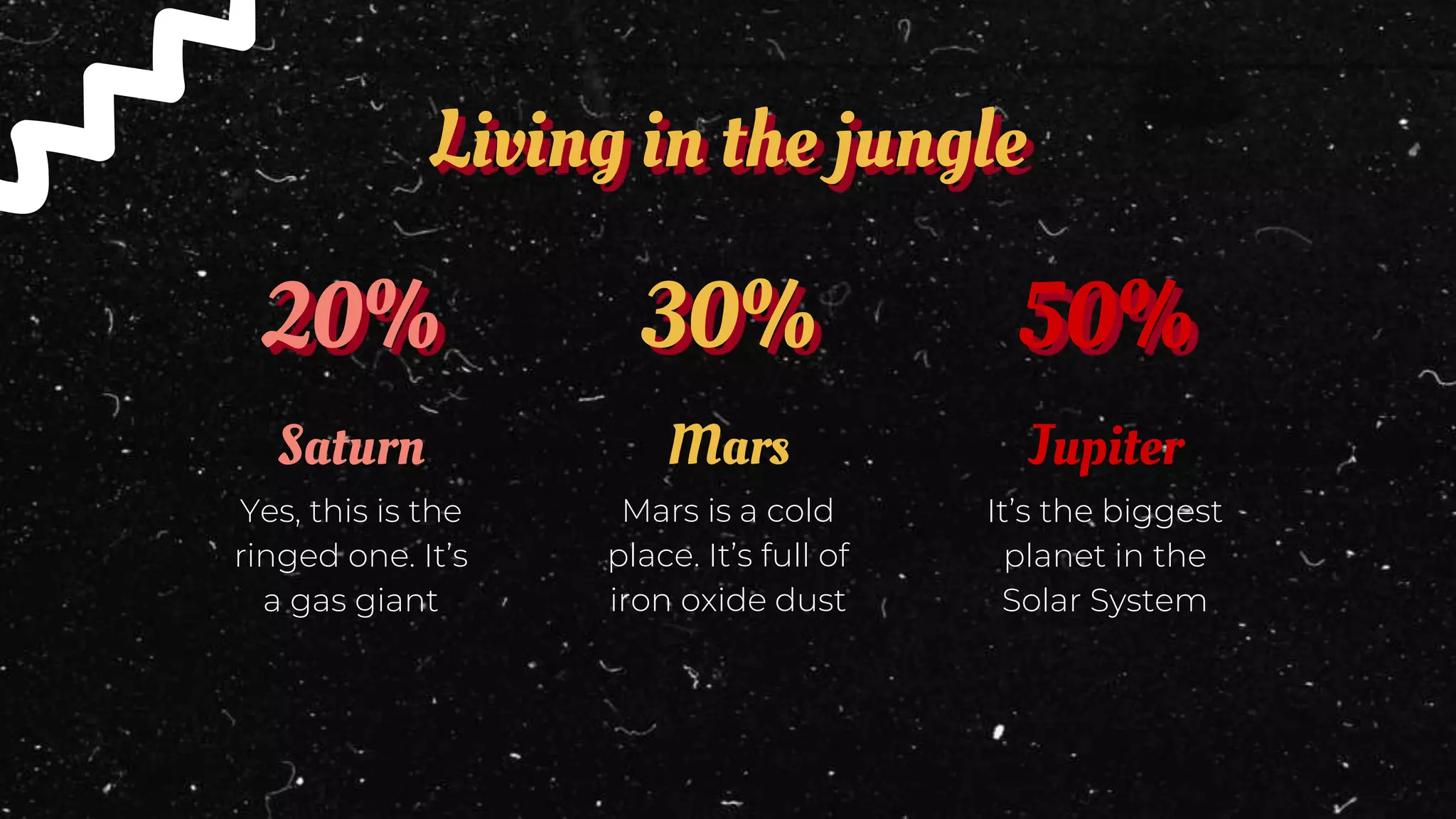 Living in the jungle
Yes, this is the
ringed one. It’s
a gas giant
Saturn
20%
It’s the biggest
planet in the
Solar System
Jupiter
50%
Mars is a cold
place. It’s full of
iron oxide dust
Mars
30%
 