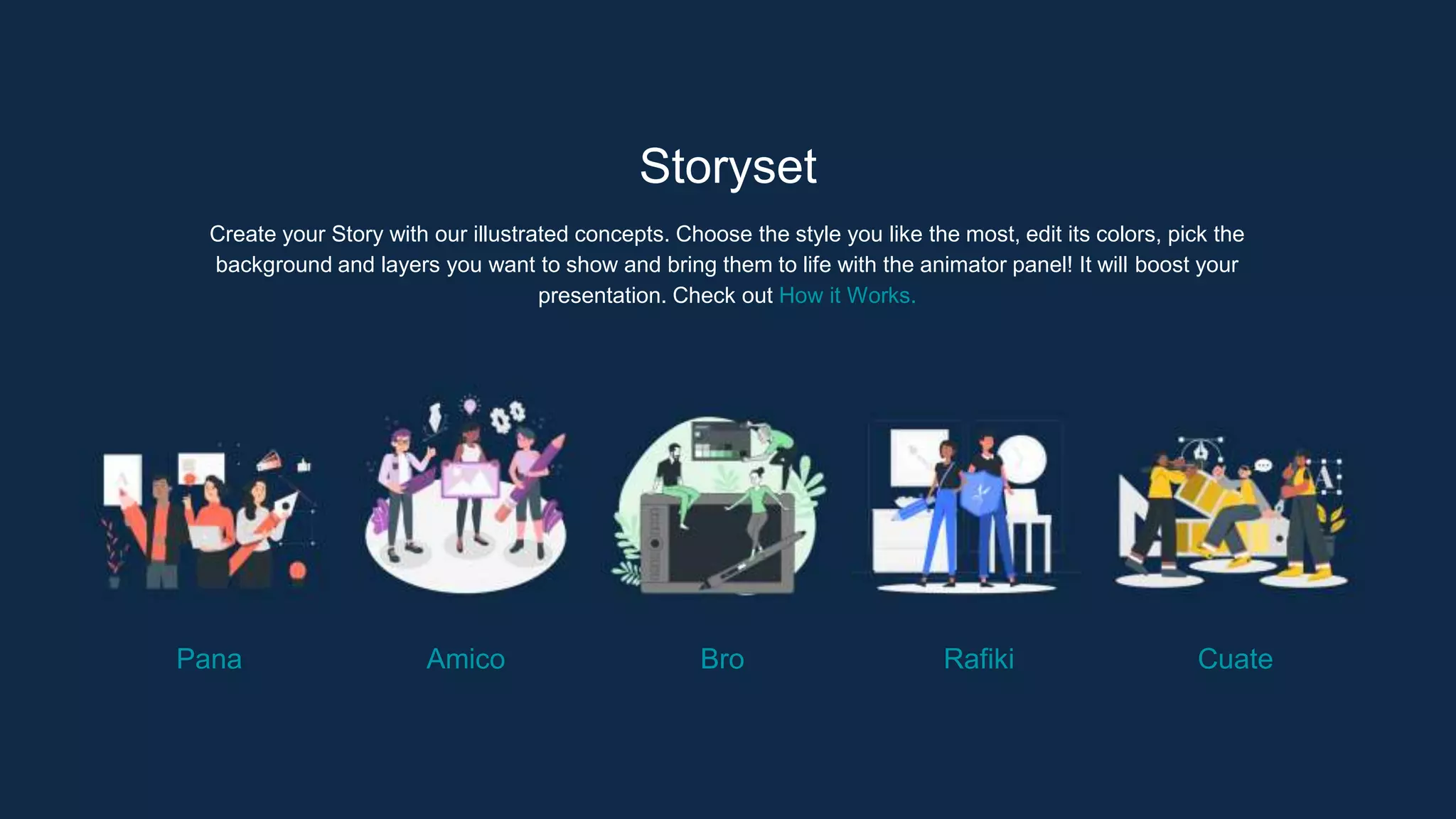 Storyset
Create your Story with our illustrated concepts. Choose the style you like the most, edit its colors, pick the
background and layers you want to show and bring them to life with the animator panel! It will boost your
presentation. Check out How it Works.
Pana Amico Bro Rafiki Cuate
 
