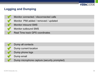 Logging and Dumping

               Monitor connected / disconnected calls
               Monitor PIM added / removed / updated
               Monitor inbound SMS
               Monitor outbound SMS
               Real Time track GPS coordinates



               Dump all contacts
               Dump current location
               Dump phone logs
               Dump email
               Dump microphone capture (security prompted)



© 2010 Veracode, Inc.                                        38
 