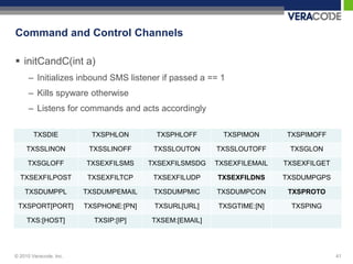 Command and Control Channels

 initCandC(int a)
      – Initializes inbound SMS listener if passed a == 1
      – Kills spyware otherwise
      – Listens for commands and acts accordingly

        TXSDIE           TXSPHLON        TXSPHLOFF        TXSPIMON      TXSPIMOFF

     TXSSLINON           TXSSLINOFF      TXSSLOUTON     TXSSLOUTOFF      TXSGLON

     TXSGLOFF           TXSEXFILSMS     TXSEXFILSMSDG   TXSEXFILEMAIL   TXSEXFILGET

  TXSEXFILPOST          TXSEXFILTCP      TXSEXFILUDP    TXSEXFILDNS     TXSDUMPGPS

    TXSDUMPPL           TXSDUMPEMAIL     TXSDUMPMIC     TXSDUMPCON       TXSPROTO

 TXSPORT[PORT]          TXSPHONE:[PN]    TXSURL[URL]    TXSGTIME:[N]     TXSPING

     TXS:[HOST]           TXSIP:[IP]    TXSEM:[EMAIL]




© 2010 Veracode, Inc.                                                                 41
 