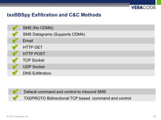 txsBBSpy Exfiltration and C&C Methods

               SMS (No CDMA)
               SMS Datagrams (Supports CDMA)
               Email
               HTTP GET
               HTTP POST
               TCP Socket
               UDP Socket
               DNS Exfiltration



                Default command and control to inbound SMS
                TXSPROTO Bidirectional TCP based command and control



© 2010 Veracode, Inc.                                                  39
 