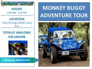 MONKEY BUGGY
ADVENTURE TOUR
HOURS
8:00 AM - 5:30 PM
LOCATION
Playa Flamingo 50304, Costa
Rica
TOTALLY AMAZING
EXCURSION
Amazing Adventure!
 