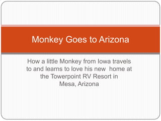 How a little Monkey from Iowa travels to and learns to love his new  home at the Towerpoint RV Resort in Mesa, Arizona,[object Object],Monkey Goes to Arizona,[object Object]
