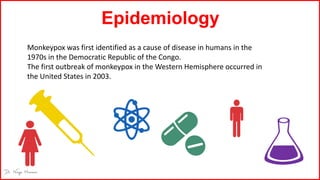 Epidemiology
Monkeypox was first identified as a cause of disease in humans in the
1970s in the Democratic Republic of the Congo.
The first outbreak of monkeypox in the Western Hemisphere occurred in
the United States in 2003.
 