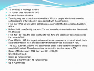  1st identified in monkeys in 1958
 1st human case reported in 1970
 Endemic in areas of Africa
 Typically, only see sporadic cases outside of Africa in people who have traveled to
certain regions or have been in close contact with those travelers
 From the 1970s up until 2003, sporadic cases were identified in central and western
Africa
 Before 1980, case-fatality rate was 17% and secondary transmission was the cause in
9% of cases
 From 1981 to 1986, the case-fatality rate was 10% and secondary transmission was
the cause in 28%
 From 1996 to 1997, the largest outbreak of human monkeypox occurred, which had a
case-fatality rate of 1.5% and secondary transmission was the cause in 78%
 The 2003 outbreak, was the first documented cases in the western hemisphere with a
case-fatality rate of 0% and secondary transmission was the cause in 0%
 Cases of Monkeypox in 2022 from May 6th – 20th [2]:
 UK: 20 (Confirmed)
 Spain: 23 (Unconfirmed)
 Portugal 5 (Confirmed) + 15 (Unconfirmed)
 US 1 (Confirmed)
 