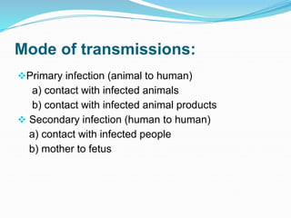 Mode of transmissions:
Primary infection (animal to human)
a) contact with infected animals
b) contact with infected animal products
 Secondary infection (human to human)
a) contact with infected people
b) mother to fetus
 