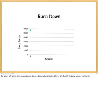 Story Points
                                          Burn Down




                                               Sprints




Thursday 4 February 2010                                                                            13

To start off with, this is what our burn-down chart looked like. We had 93 story points to ﬁnish.
 