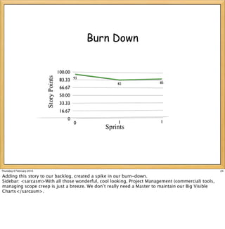 Burn Down
                           Story Points




                                              Sprints




Thursday 4 February 2010                                                                           24

Adding this story to our backlog, created a spike in our burn-down.
Sidebar: <sarcasm>With all those wonderful, cool looking, Project Management (commercial) tools,
managing scope creep is just a breeze. We don’t really need a Master to maintain our Big Visible
Charts</sarcasm>.
 