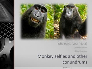 Monkey selfies and other
conundrums
Who owns “your” data?
Lorinda Brandon
@lindybrandon
@lindybrandon
 