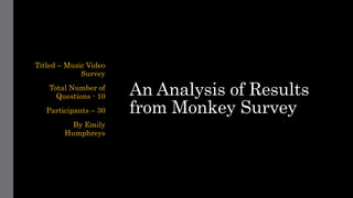 An Analysis of Results
from Monkey Survey
Titled – Music Video
Survey
Total Number of
Questions - 10
Participants – 30
By Emily
Humphreys
 