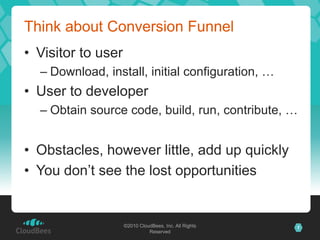 ©2010 CloudBees, Inc. All Rights
Reserved
7©2010 CloudBees, Inc. All Rights
Reserved
Think about Conversion Funnel
• Visit...