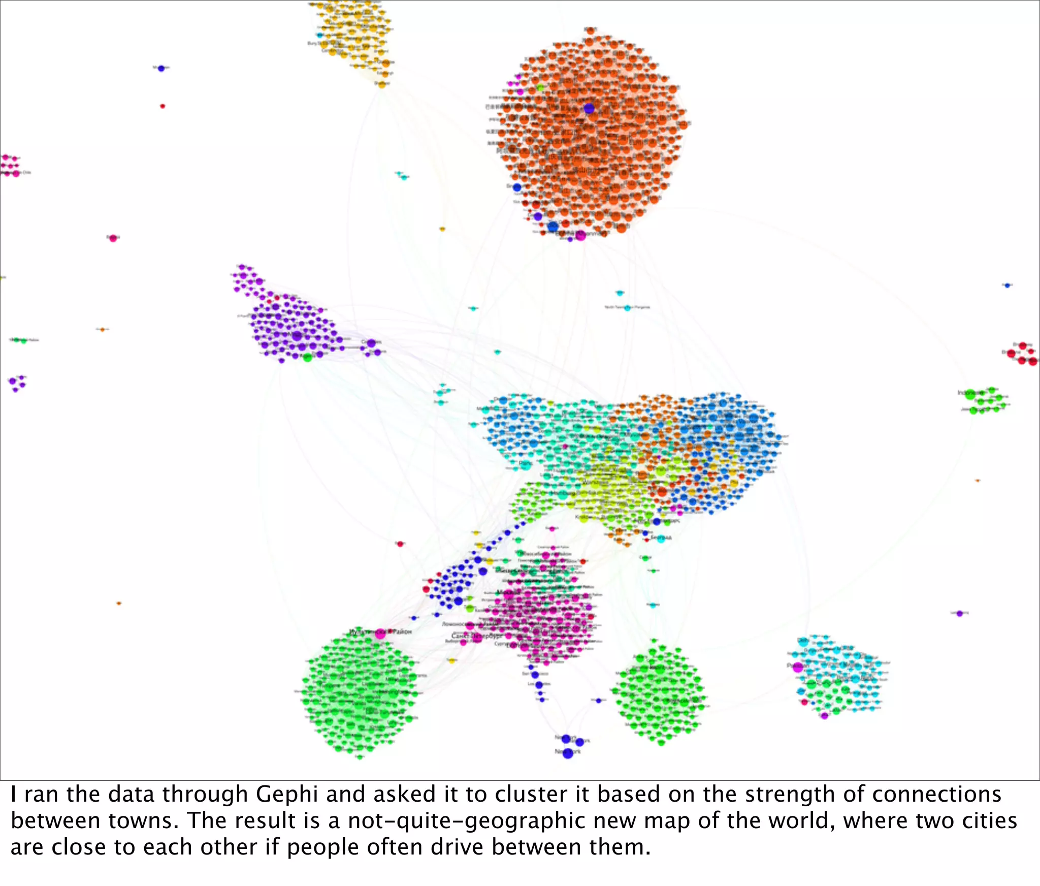 I ran the data through Gephi and asked it to cluster it based on the strength of connections
between towns. The result is a not-quite-geographic new map of the world, where two cities
are close to each other if people often drive between them.
 
