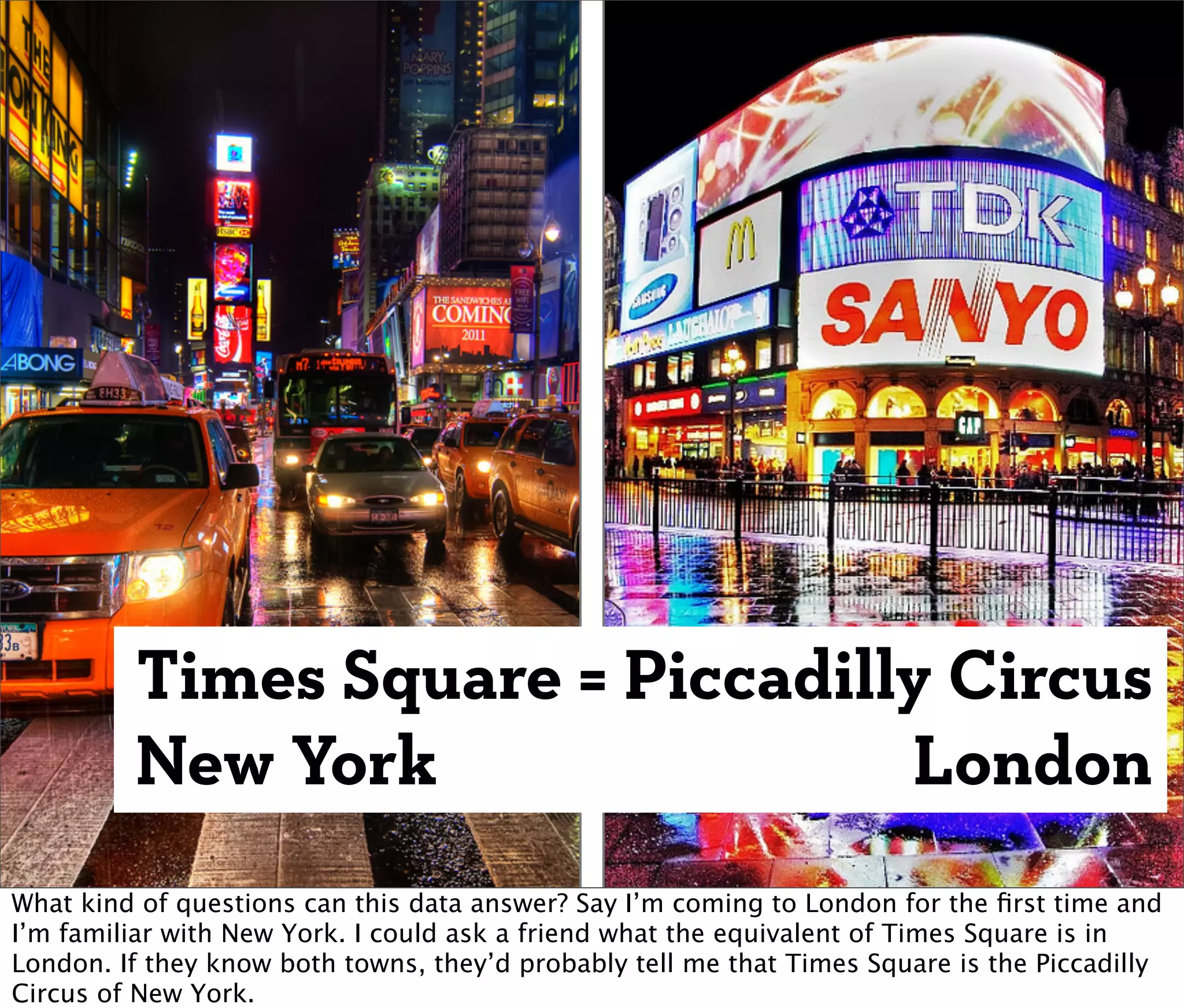 Times Square = Piccadilly Circus
         New York                London
What kind of questions can this data answer? Say I’m coming to London for the ﬁrst time and
I’m familiar with New York. I could ask a friend what the equivalent of Times Square is in
London. If they know both towns, they’d probably tell me that Times Square is the Piccadilly
Circus of New York.
 