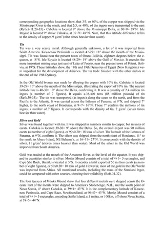corresponding geographic locations show, that 3/5, or 60%, of the copper was shipped via the
Mississippi River to the south, and that 2/5, or 40%, of the ingots were transported to the east
(Refs.8-11,29-35).- Cahokia is located 9° above the Mississippi Delta, at 30+9= 39°N. Isle
Royale is located 9° above Cahokia, at 39+9= 48°N. Note, that this latitude difference refers
to the density of copper, 9 g/cm3 (nine times heavier than water).

Tin
Tin was a very scarce metal. Although generally unknown, a lot of it was imported from
South America. Keweenaw Peninsula is located 47-29= 18° above the mouth of the Missis-
sippi. Tin was found near the present town of Oruro, Bolivia, eighteen degrees below the e-
quator, at 18°S. Isle Royale is located 48-29= 19° above the Gulf of Mexico. It encodes the
more important mining area just east of Lake of Poopó, near the present town of Potosi, Boli-
via, at 19°S. These latitudes show, the 18th and 19th Dynasties of Egypt (New Kingdom) we-
re important for the development of America. The tin trade finished with the other metals at
the end of the 19th Dynasty.

In the Old World bronze was made by alloying the copper with 10% tin. Cahokia is located
39-29= 10° above the mouth of the Mississippi, illustrating the export of 10% tin. The nearest
latitude line is 40-30= 10° above the Delta, confirming it. It was a quantity of 2.4 million tin
ingots (a number of 7 figures). It equals c.38,400 tons (85 million pounds) of tin
(Refs.30-35).- The tin was transported (as ingots) along the coast to the north, and from the
Pacific to the Atlantic. It was carried across the Isthmus of Panama, at 9°N, and shipped 7°
higher, to the north coast of Honduras, at 9+7= 16°N. These 7° confirm the millions of tin
ingots, a number of 7 figures. It corresponds with the density of tin, 7 g/cm3 (seven times
heavier than water).

Silver and Gold
Silver was found together with tin. It was shipped in numbers similar to copper, but in units of
carats. Cahokia is located 39-30= 9° above the Delta. So, the overall export was 90 million
carats (a number of eight figures), or 90x0.20= 18 tons of silver. The latitude of the Isthmus of
Panama, at 9°N, confirms it. The silver was shipped from the north coast of Honduras, 11° to
the north, to Abaco Island, NE Bahama’s, at 16+11= 27°N. It corresponds with the density of
silver, 11 g/cm3 (eleven times heavier than water). Most of the silver in the Old World was
imported from South America.

Gold was traded at the mouth of the Amazone River, at the level of the equator. It was ship-
ped in quantities similar to silver. Monks Mound consists of a total of 4+1= 5 rectangles, and
Cape São Rock, Brazil, is located at 5°S. It encodes a total export of 50 million carats (a num-
ber of eight figures), or 50x0.20= 10 tons of gold. However, most of the gold in the Old World
was imported from Africa. All mentioned results, including the mass of the Standard Ingot,
could be compared with other sources, showing their reliability (Refs.31,32).

The four terraces of Monks Mound show that four different metals were shipped across the O-
cean. Part of the metals were shipped to America’s Stonehenge, N.H., and the south point of
Nova Scotia, 4° above Cahokia, at 39+4= 43°N. It is the complementary latitude of Kewee-
naw Peninsula, and Cape Race, Newfoundland, at 90-47= 43°N. Monks Mound consists of a
total of 4+1= 5 rectangles, encoding Sable Island, c.1 moira, or 100km, off shore Nova Scotia,
at 39+5= 44°N.
 