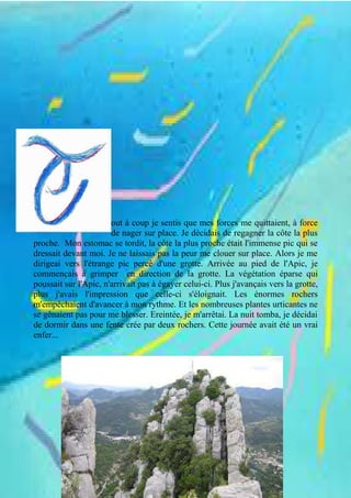 out à coup je sentis que mes forces me quittaient, à force
de nager sur place. Je décidais de regagner la côte la plus
proche. Mon estomac se tordit, la côte la plus proche était l'immense pic qui se
dressait devant moi. Je ne laissais pas la peur me clouer sur place. Alors je me
dirigeai vers l'étrange pic percé d'une grotte. Arrivée au pied de l'Apic, je
commençais à grimper en direction de la grotte. La végétation éparse qui
poussait sur l'Apic, n'arrivait pas à égayer celui-ci. Plus j'avançais vers la grotte,
plus j'avais l'impression que celle-ci s'éloignait. Les énormes rochers
m'empêchaient d'avancer à mon rythme. Et les nombreuses plantes urticantes ne
se gênaient pas pour me blesser. Ereintée, je m'arrêtai. La nuit tomba, je décidai
de dormir dans une fente crée par deux rochers. Cette journée avait été un vrai
enfer...
 