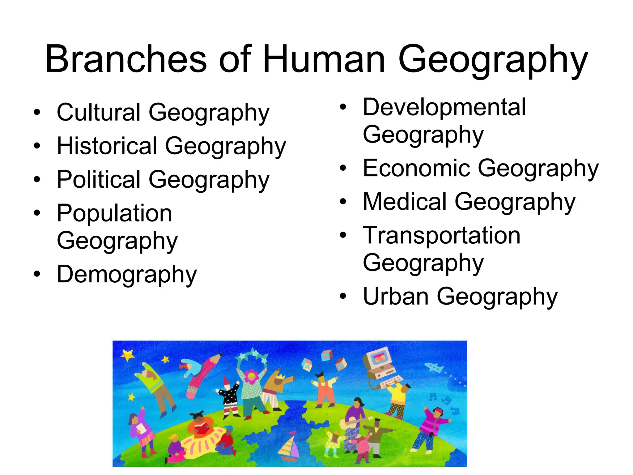 Branches of Human Geography Developmental Geography Economic Geography Medical Geography Transportation Geography Urban Geography Cultural Geography Historical Geography Political Geography Population Geography Demography 