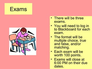Exams
• There will be three
exams.
• You will need to log in
to Blackboard for each
exam.
• The format will be
multiple choice, true
and false, and/or
matching.
• Each exam will be
worth 100 points.
• Exams will close at
6:00 PM on their due
dates.
 