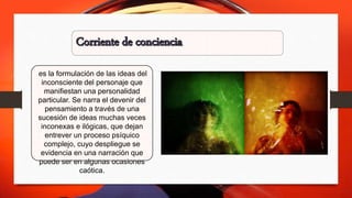 es la formulación de las ideas del
inconsciente del personaje que
manifiestan una personalidad
particular. Se narra el devenir del
pensamiento a través de una
sucesión de ideas muchas veces
inconexas e ilógicas, que dejan
entrever un proceso psíquico
complejo, cuyo despliegue se
evidencia en una narración que
puede ser en algunas ocasiones
caótica.
 