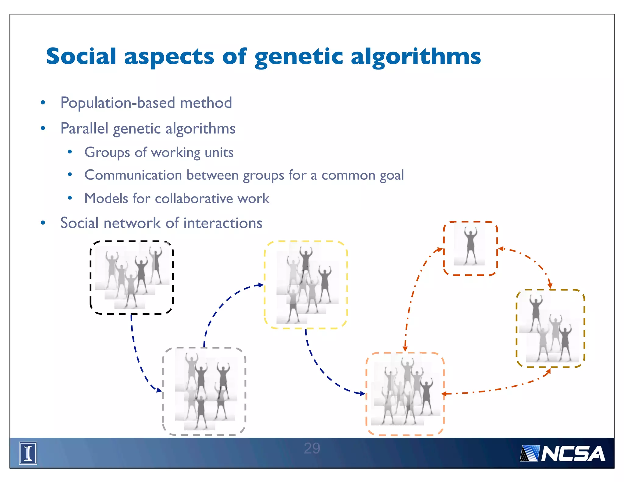 Social aspects of genetic algorithms
• Population-based method
• Parallel genetic algorithms
    • Groups of working units
    • Communication between groups for a common goal
    • Models for collaborative work
• Social network of interactions




                                      29
 