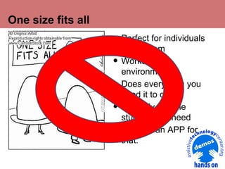 One size fits all

• Perfect for individuals
•
•
•
•

with autism
Works in all
environments
Does everything you
need it to do
The only tool the
students will need
There is an APP for
that.

 