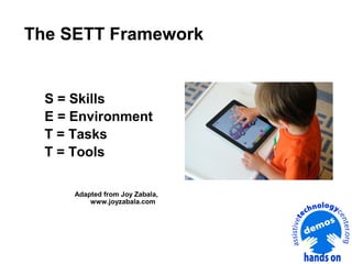 The SETT Framework

S = Skills
E = Environment
T = Tasks
T = Tools
Adapted from Joy Zabala,
www.joyzabala.com

 