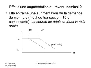 Effet d’une augmentation du revenu nominal ?
• Elle entraîne une augmentation de la demande
de monnaie (motif de transaction, 1ère
composante). La courbe se déplace donc vers la
droite.
i

Md

Md’

iM
(PY’ > PY)
im
M

ECONOMIE
MONETAIRE

ELABBADI-ENCGT-2010

 