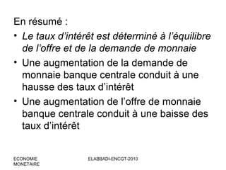 En résumé :
• Le taux d’intérêt est déterminé à l’équilibre
de l’offre et de la demande de monnaie
• Une augmentation de la demande de
monnaie banque centrale conduit à une
hausse des taux d’intérêt
• Une augmentation de l’offre de monnaie
banque centrale conduit à une baisse des
taux d’intérêt

ECONOMIE
MONETAIRE

ELABBADI-ENCGT-2010

 