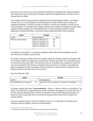 Notes de cours de politique monétaire (dernière mise à jour : février 2009)


particuliers sans sortie de son circuit monétaire du fait de son monopole de création monétaire.
Les transactions entre les particuliers changent l'identité des déposants dans son bilan mais ne
changent pas les soldes.

Cet exemple est fictif mais permet de comprendre le rôle d'une banque centrale : une banque
centrale est vis-à-vis des banques de second rang dans la même situation que la banque en
monopole précédente : elle peut créer de la monnaie à volonté sans craindre les sorties de son
circuit monétaire. La monnaie que la banque centrale crée en prêtant aux banques commerciales
s'appelle la base monétaire ou la liquidité bancaire. Comme la banque centrale contrôle
également la création des billets, ces derniers entrent également dans la base monétaire.

               Actifs                                   Passifs
Actifs                                Fonds propres                         100
Prêts au secteur banc.                Réserves Banque Y1               10
                                      Réserves Banque Y2               20
                                      Réserves Banque Y3               5
                                      Réserves Banque Y4               30
                                      …

Les dépôts non rémunérés2, ou monnaie scripturale entrant dans la base monétaire sont des
réserves pour les banques commerciales.

En résumé, la banque centrale offre de la monnaie auprès des banques comme une banque offre
de la monnaie auprès des banques de second rang à ceci près que la BC est en monopole et que
les sorties du circuit sont nulles. Elle peut donc créer de la monnaie sans craindre les sorties de
son circuit monétaire. Elle peut par conséquent créer des réserves à volonté en accordant des
prêts aux banques (comme une banque crée de la monnaie en faisant crédit, excepté que cette
dernière fait face à des fuites hors de son circuit).

Extrait du bilan de la BC:

                Actifs                                                   Passifs
Actifs                                           Fonds propres
Prêt additionel à la banque Y            10      Nouvelles réserves passées au crédit de la banque Y 10
…                                                …

La banque centrale gère donc la base monétaire : réserves + pièces et billets en circulation. C’est
celle-ci qui influence le comportement de création monétaire des banques de second rang. De ce
fait elle contrôle indirectement la création de monnaie au sens de M1 puisque les banques ont
besoin de réserves pour faire face aux retraits de monnaie hors de leur circuit à chaque fois
qu’elles prêtent.

Une autre manière d’agir sur la base monétaire et donc sur le crédit dans l’économie est de
refinancer des titres publics. Prenons un bilan bancaire :

2
    Certaines BC comme la BCE rémunèrent les réserves mais à un taux faible.

                                       Alexis Direr (courriel : 'nom'@ens.fr)                         13
                                         http://elias.ens.fr/~adirer/index.html
 