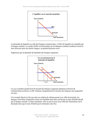Notes de cours de politique monétaire (dernière mise à jour : février 2009)



                               L’équilibre sur le marché monétaire

                                 Taux d’intérêt




                                                             offre
                                      i


                                                              demande


                                                                 base monétaire



La demande de liquidité est celle des banques commerciales. L'offre de liquidité est contrôlée par
la banque centrale. La courbe d'offre est horizontale car les Banques centrales modernes fixent le
taux directeur pour des durées longues, en général plusieurs mois.

Supposons que la demande de liquidités des banques augmente:

                                          Un accroissement de la
                                          demande de liquidités
                                 Taux d’intérêt




                                                             offre
                                      i


                                                                  demande


                                                                 base monétaire



Ce cas se produit quand l'activité de prêt des banques augmente générant un besoin de
refinancement croissant. La BC refinance intégralement les besoins des banques sans augmenter
ses taux.

Cet exemple illustre le fait que dans un schéma de refinancement avec offre horizontale, les
banques sont libres d'emprunter toutes les liquidités dont elles ont besoin au taux d'intérêt décidé
par la banque centrale. La base monétaire varie au jour le jour sous l'effet des fluctuations de la
demande alors que le taux d'intérêt qui la rémunère reste fixe.




                                  Alexis Direr (courriel : 'nom'@ens.fr)                          15
                                    http://elias.ens.fr/~adirer/index.html
 