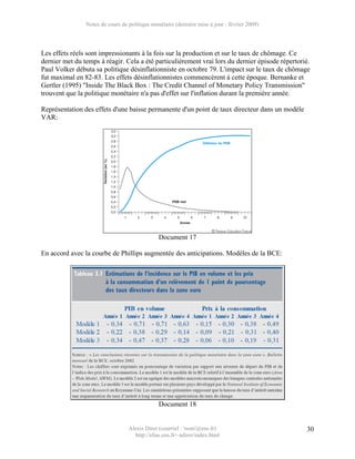 Notes de cours de politique monétaire (dernière mise à jour : février 2009)




Les effets réels sont impressionants à la fois sur la production et sur le taux de chômage. Ce
dernier met du temps à réagir. Cela a été particulièrement vrai lors du dernier épisode répertorié.
Paul Volker débuta sa politique désinflationniste en octobre 79. L'impact sur le taux de chômage
fut maximal en 82-83. Les effets désinflationnistes commencèrent à cette époque. Bernanke et
Gertler (1995) "Inside The Black Box : The Credit Channel of Monetary Policy Transmission"
trouvent que la politique monétaire n'a pas d'effet sur l'inflation durant la première année.

Représentation des effets d'une baisse permanente d'un point de taux directeur dans un modèle
VAR:




                                               Document 17

En accord avec la courbe de Phillips augmentée des anticipations. Modèles de la BCE:




                                               Document 18


                                  Alexis Direr (courriel : 'nom'@ens.fr)                         30
                                    http://elias.ens.fr/~adirer/index.html
 