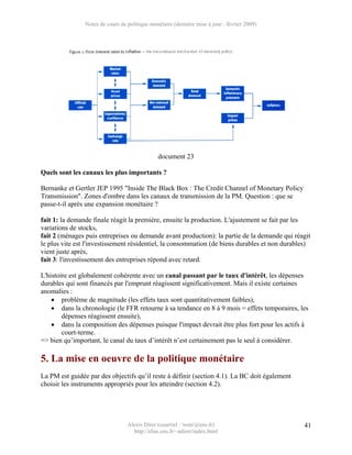 Notes de cours de politique monétaire (dernière mise à jour : février 2009)




                                               document 23

Quels sont les canaux les plus importants ?

Bernanke et Gertler JEP 1995 "Inside The Black Box : The Credit Channel of Monetary Policy
Transmission". Zones d'ombre dans les canaux de transmission de la PM. Question : que se
passe-t-il après une expansion monétaire ?

fait 1: la demande finale réagit la première, ensuite la production. L'ajustement se fait par les
variations de stocks,
fait 2 (ménages puis entreprises ou demande avant production): la partie de la demande qui réagit
le plus vite est l'investissement résidentiel, la consommation (de biens durables et non durables)
vient juste après,
fait 3: l'investissement des entreprises répond avec retard.

L'histoire est globalement cohérente avec un canal passant par le taux d'intérêt, les dépenses
durables qui sont financés par l'emprunt réagissent significativement. Mais il existe certaines
anomalies :
    • problème de magnitude (les effets taux sont quantitativement faibles),
    • dans la chronologie (le FFR retourne à sa tendance en 8 à 9 mois = effets temporaires, les
        dépenses réagissent ensuite),
    • dans la composition des dépenses puisque l'impact devrait être plus fort pour les actifs à
        court-terme.
=> bien qu’important, le canal du taux d’intérêt n’est certainement pas le seul à considérer.

5. La mise en oeuvre de la politique monétaire
La PM est guidée par des objectifs qu’il reste à définir (section 4.1). La BC doit également
choisir les instruments appropriés pour les atteindre (section 4.2).




                                  Alexis Direr (courriel : 'nom'@ens.fr)                       41
                                    http://elias.ens.fr/~adirer/index.html
 