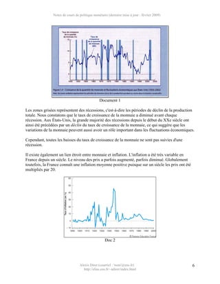 Notes de cours de politique monétaire (dernière mise à jour : février 2009)




                                                Document 1

Les zones grisées représentent des récessions, c'est-à-dire les périodes de déclin de la production
totale. Nous constatons que le taux de croissance de la monnaie a diminué avant chaque
récession. Aux États-Unis, la grande majorité des récessions depuis le début du XXe siècle ont
ainsi été précédées par un déclin du taux de croissance de la monnaie, ce qui suggère que les
variations de la monnaie peuvent aussi avoir un rôle important dans les fluctuations économiques.

Cependant, toutes les baisses du taux de croissance de la monnaie ne sont pas suivies d'une
récession.

Il existe également un lien étroit entre monnaie et inflation. L'inflation a été très variable en
France depuis un siècle. Le niveau des prix a parfois augmenté, parfois diminué. Globalement
toutefois, la France connaît une inflation moyenne positive puisque sur un siècle les prix ont été
multipliés par 20.




                                                    Doc 2




                                  Alexis Direr (courriel : 'nom'@ens.fr)                             6
                                    http://elias.ens.fr/~adirer/index.html
 