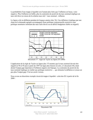 Notes de cours de politique monétaire (dernière mise à jour : février 2009)


La probabilité d’une trappe à liquidité est d’autant plus forte que l’inflation est basse, voire
négative. Plus l'inflation est faible, plus la contrainte de positivité du taux nominal implique un
taux réel élevé en raison de la relation taux réel = taux nominal - inflation.

Le Japon a été en déflation pendant de longues années (doc 36). Une déflation s'explique par une
chute de la demande agrégée accompagnée d'une politique conjoncturelle restrictive (une
politique monétaire instituant des taux réels élevés ou un déficit budgétaire faible ou négatif).




                         Document 37 : règle de Taylor au Japon (93-2000)

L'application de la règle de Taylor au Japon (doc 37) montre que le taux nominal devrait être
négatif en 94 et 95 puis à partir de 1997 (la ligne plus foncée est zéro, cf. document 44), étant
donné l'output gap important et l'inflation négative de l'époque. La contrainte de positivité du
taux nominal implique en réalité une politique restrictive … qui alimente la déflation et creuse un
peu plus l'output gap. C'est un cercle vicieux.

Nous avons un deuxième exemple récent de trappe à liquidité : celui des EU à partir de la fin
2008 :




                                              Document 36b

                                  Alexis Direr (courriel : 'nom'@ens.fr)                              63
                                    http://elias.ens.fr/~adirer/index.html
 