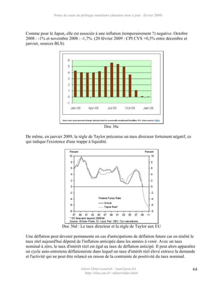 Notes de cours de politique monétaire (dernière mise à jour : février 2009)




Comme pour le Japon, elle est associée à une inflation (temporairement ?) negative. Octobre
2008 : -1% et novembre 2008 : -1,7%. (20 février 2009 : CPI CVS +0,3% entre décembre et
janvier, sources BLS).




                                                   Doc 36c

De même, en janvier 2009, la règle de Taylor préconise un taux directeur fortement négatif, ce
qui indique l'existence d'une trappe à liquidité.




                      Doc 36d : Le taux directeur et la règle de Taylor aux EU

Une déflation peut devenir permanente en cas d'anticipations de déflation future car en réalité le
taux réel aujourd'hui dépend de l'inflation anticipée dans les années à venir. Avec un taux
nominal à zéro, le taux d'intérêt réel est égal au taux de déflation anticipé. Il peut alors apparaître
un cycle auto-entretenu déflationniste dans lequel un taux d'intérêt réel élevé entrave la demande
et l'activité qui ne peut être relancé en raison de la contrainte de positivité du taux nominal.

                                   Alexis Direr (courriel : 'nom'@ens.fr)                            64
                                     http://elias.ens.fr/~adirer/index.html
 