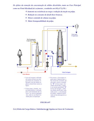 Os efeitos da remoção da concentração de sólidos dissolvidos, tanto na Fase Principal
como na Final (Residual) de cozimento , resultarão em (03),(17),(19) :
                 Aumento na resistência ao rasgo e redução da tração na polpa.
                 Redução no consumo de álcali (licor branco).
                 Menor conteúdo de xilanas na polpa.
                 Maior branqueabilidade da polpa.




                                                                     5,3
                                                                                               Licor para
                                                                                               Evaporação

                   Pré-Tratamento
                   Com Licor Negro




                                                    X

                                            X
                                                                                       Polpa




                                                                           Licor Lavagem
            Licor Branco

              -> Licor de lavagem é utilizado      -> Os cavacos e licor negro se-
                 em contra corrente nos está-         guem para o digestor para a
                 gios finais do cozimento, re-        fase inicial de cozimento ,pó-
                 duzindo o teor de sólidos or-        rém antes, ocorre a extração
                 gânicos dissolvidos nestes es-       de “X” de licor negro ,rico
                 tágios.                              sólidos dissolvidos, e repôs-
                                                      to na mesma quantidade “X”
              -> O licor negro extraído , rico        de licor de lavagem , pobre
                 em hidrossulfeto, é utilizado        em sólidos dissolvidos, redu-
                 para o pré-tratamento dos ca-        zindo assim a concentração
                 vacos , no vaso de impregna-         de sólidos orgânicos dissol-
                  cão , onde no seu final é ex-       vidos na fase principal de co-
                  traído para a recuperação.          zimento.



                                            FIGURA-07


2.4-) Efeito da Carga Iônica e Substâncias 14 Lignina no Licor de Cozimento
                                           de
 