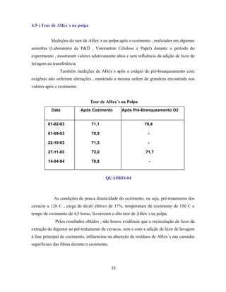 4.5-) Teor de AHex´s na polpa


           Medições do teor de AHex´s na polpa após o cozimento , realizados em algumas
amostras (Laboratório de P&D , Votorantim Celulose e Papel) durante o período do
experimento , mostraram valores relativamente altos e sem influência da adição de licor de
lavagem na transferência
                Também medições de AHex´s após a estágio de pré-branqueamento com
oxigênio não sofreram alterações , mantendo a mesma ordem de grandeza encontrada nos
valores após o cozimento.


                                 Teor de AHex´s na Polpa
           Data             Após Cozimento          Após Pré-Branqueamento O2


         01-02-03                 71,1                        70,4

         01-09-03                 70,9                          -

         22-10-03                 71,3                          -

         27-11-03                 73,0                         71,7

         14-04-04                 70,8                          -



                                          QUADRO-04



            As condições de pouca drasticidade do cozimento, ou seja, pré-tratamento dos
cavacos a 126 C , carga de álcali efetivo de 17%, temperatura de cozimento de 150 C e
tempo de cozimento de 4,5 horas, favorecem o alto teor de AHex´s na polpa.
             Pelos resultados obtidos , não houve evidência que a recirculação de licor da
extração do digestor ao pré-tratamento de cavacos, sem e com a adição de licor de lavagem
à fase principal de cozimento, influenciou na absorção de resíduos de AHex´s nas camadas
superficiais das fibras durante o cozimento.




                                               35
 