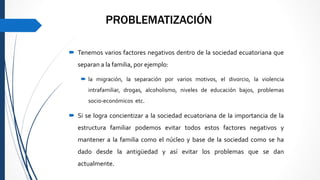 PROBLEMATIZACIÓN
 Tenemos varios factores negativos dentro de la sociedad ecuatoriana que
separan a la familia, por ejemplo:
 la migración, la separación por varios motivos, el divorcio, la violencia
intrafamiliar, drogas, alcoholismo, niveles de educación bajos, problemas
socio-económicos etc.
 Si se logra concientizar a la sociedad ecuatoriana de la importancia de la
estructura familiar podemos evitar todos estos factores negativos y
mantener a la familia como el núcleo y base de la sociedad como se ha
dado desde la antigüedad y así evitar los problemas que se dan
actualmente.
 
