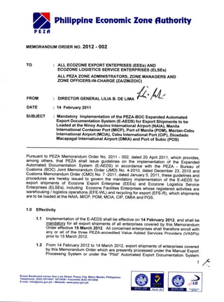 PEZA Memo 2012-002 on Expanded AEDS