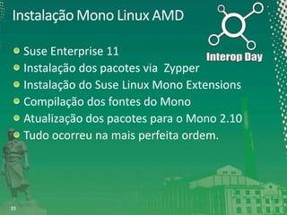 Instalação Mono Linux AMD
Suse Enterprise 11
Instalação dos pacotes via Zypper
Instalação do Suse Linux Mono Extensions
Compilação dos fontes do Mono
Atualização dos pacotes para o Mono 2.10
Tudo ocorreu na mais perfeita ordem.

39

 