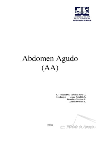 Abdomen Agudo
    (AA)


            R. Técnico: Dra. Verónica Silva O.
            Ayudantes:       Jorge Astudillo S.
                         Francisca Navarro A.
                           Andrés Ordenes E.




     2008
 