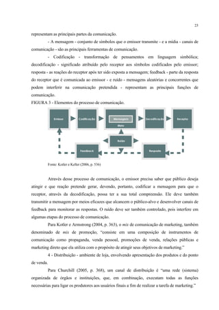 23

representam as principais partes da comunicação.
         - A mensagem - conjunto de símbolos que o emissor transmite - e a mídia - canais de
comunicação - são as principais ferramentas de comunicação.
         - Codificação - transformação de pensamentos em linguagem simbólica;
decodificação - significado atribuído pelo receptor aos símbolos codificados pelo emissor;
resposta - as reações do receptor após ter sido exposta a mensagem; feedback - parte da resposta
do receptor que é comunicada ao emissor - e ruído - mensagens aleatórias e concorrentes que
podem interferir na comunicação pretendida - representam as principais funções de
comunicação.
FIGURA 3 - Elementos do processo de comunicação.




         Fonte: Kotler e Keller (2006, p. 536)


         Através desse processo de comunicação, o emissor precisa saber que público deseja
atingir e que reação pretende gerar, devendo, portanto, codificar a mensagem para que o
receptor, através da decodificação, possa ter a sua total compreensão. Ele deve também
transmitir a mensagem por meios eficazes que alcancem o público-alvo e desenvolver canais de
feedback para monitorar as respostas. O ruído deve ser também controlado, pois interfere em
algumas etapas do processo de comunicação.
         Para Kotler e Armstrong (2004, p. 363), o mix de comunicação de marketing, também
denominado de mix de promoção, “consiste em uma composição de instrumentos de
comunicação como propaganda, venda pessoal, promoções de venda, relações públicas e
marketing direto que ela utiliza com o propósito de atingir seus objetivos de marketing.”
         4 - Distribuição - ambiente de loja, envolvendo apresentação dos produtos e do ponto
de venda.
         Para Churchill (2005, p. 368), um canal de distribuição é “uma rede (sistema)
organizada de órgãos e instituições, que, em combinação, executam todas as funções
necessárias para ligar os produtores aos usuários finais a fim de realizar a tarefa de marketing.”
 