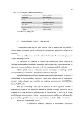 60

TABELA 7 - Ações para o público influenciador.
                 Material promocional             Boletim informativo
                 Propaganda                       Feiras, exposições
                 Brindes                          Demosntrações
                 Material Institucional           Seminários, congressos
                 Mala-direta                      Cursos especializados
                 Concursos técnicos              Visitas técnicas
                 Catálogo                         Eventos Técnicos
         Fonte: Pancrazio (2000, p.146)




         2.3.1. COMPORTAMENTO DO CONSUMIDOR


         A concorrência está cada dia mais acirrada, cabe as organizações criar valores e
diferenciais e seus produtos, para de certa forma oferecer algo mais aos clientes e influenciar no
consumo.
         Como já citado, o consumidor é a último elo da cadeia de comercialização, e para
quem o marketing é focado.
         As estratégias de marketing e comunicação desenvolvidas pelas empresas ou
varejistas são destinadas a conquistar o consumidor final, portanto é seu comportamento que irá
determinar o sucesso ou fracasso de produto ou de uma estratégia aplicada de marketing.
         Mesmo quando se busca a valorização da marca em uma ação de marketing, é através
do consumidor que se mensurará a efetividade e os resultados das ações.
         Entender os hábitos de consumo dos indivíduos torna e empresa capaz “de predizer a
probabilidade de os consumidores reagirem a vários sinais informacionais e ambientais e,
portanto, podem planejar suas estratégias de marketing coerentemente” (SCHIFFMAN;
KANUK, 2000, p.6).
         Para que o marketing e uma ação de promoção de vendas seja bem sucedida, a
empresa deve conhecer seu consumidor. Quando se entende o cliente, assegura-se que os
produtos certos estão sendo comercializados para os clientes certos. A promoção de vendas
possibilita que, que ao conhecer o cliente e seu comportamento, seja feita uma ação específica
para um público específico e já conhecido o que aumenta os resultados obtidos em uma ação.
         Para Kotler e Keller (2006, p. 172):
                            O propósito do marketing é satisfazer as necessidades e desejos dos
 